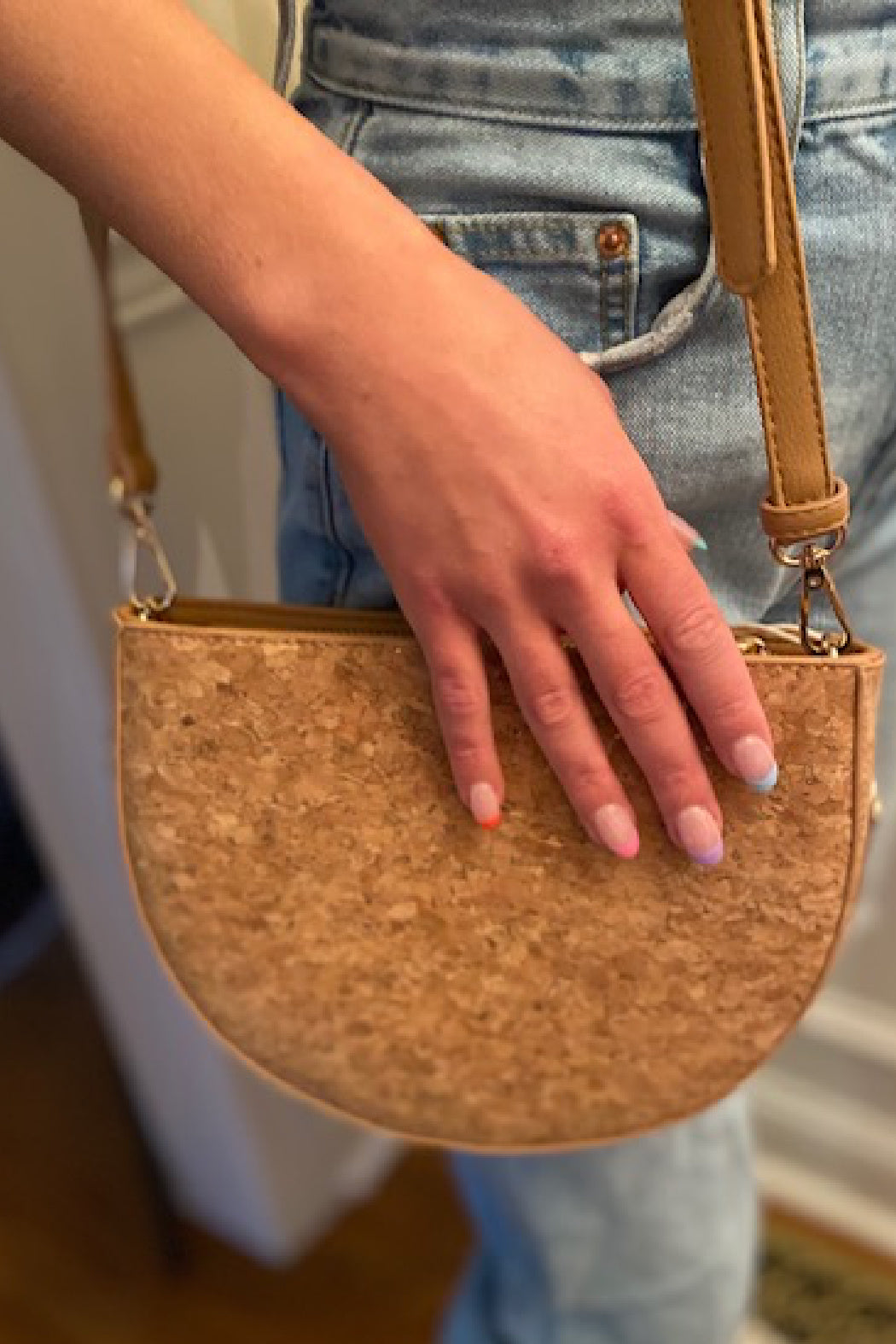Cork and Metallic Satchel Crossbody Bag