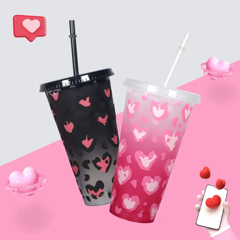 Leopard Hearts Color Changing Cup with Straw