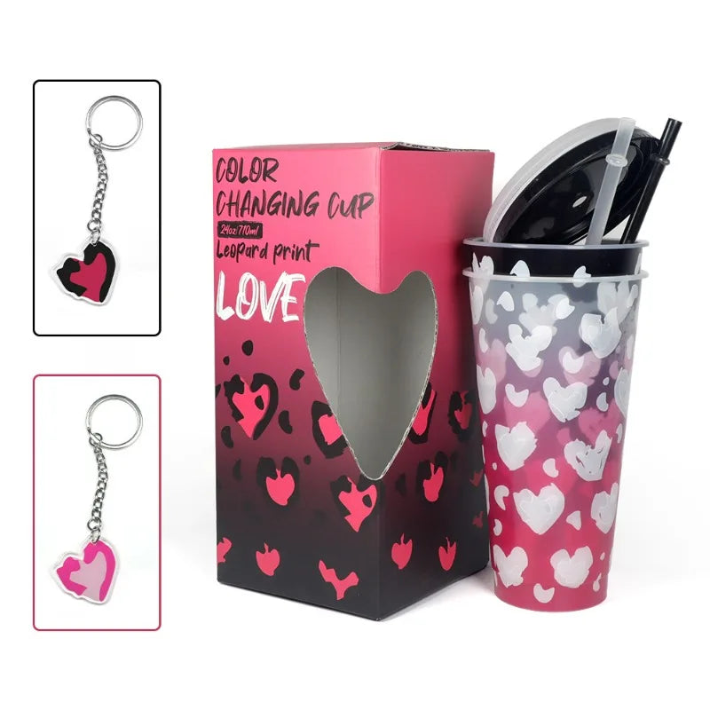 Leopard Hearts Color Changing Cup with Straw