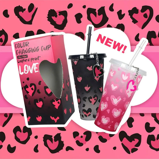 Leopard Hearts Color Changing Cup with Straw